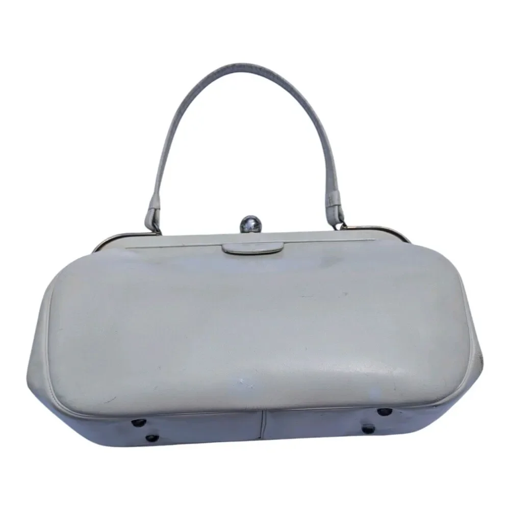 Vintage 1960s Cream Leather Handbag Mid Century Mod Top Handle Frame Clasp Purse
